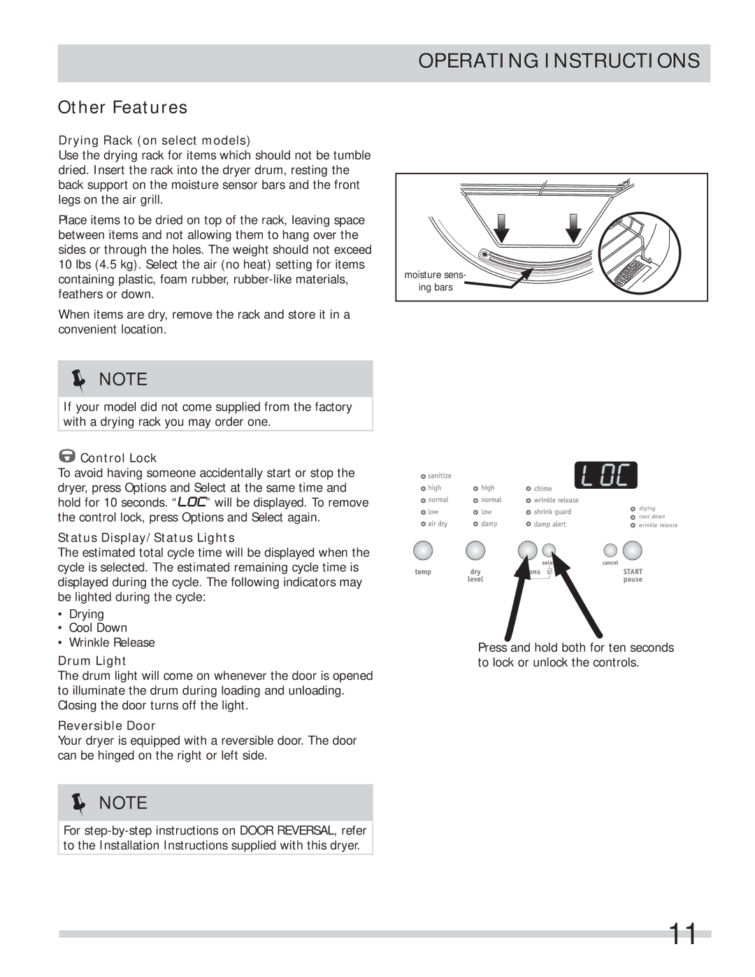 Frigidaire 137338500A, FAQG7001LW important safety instructions Other Features 