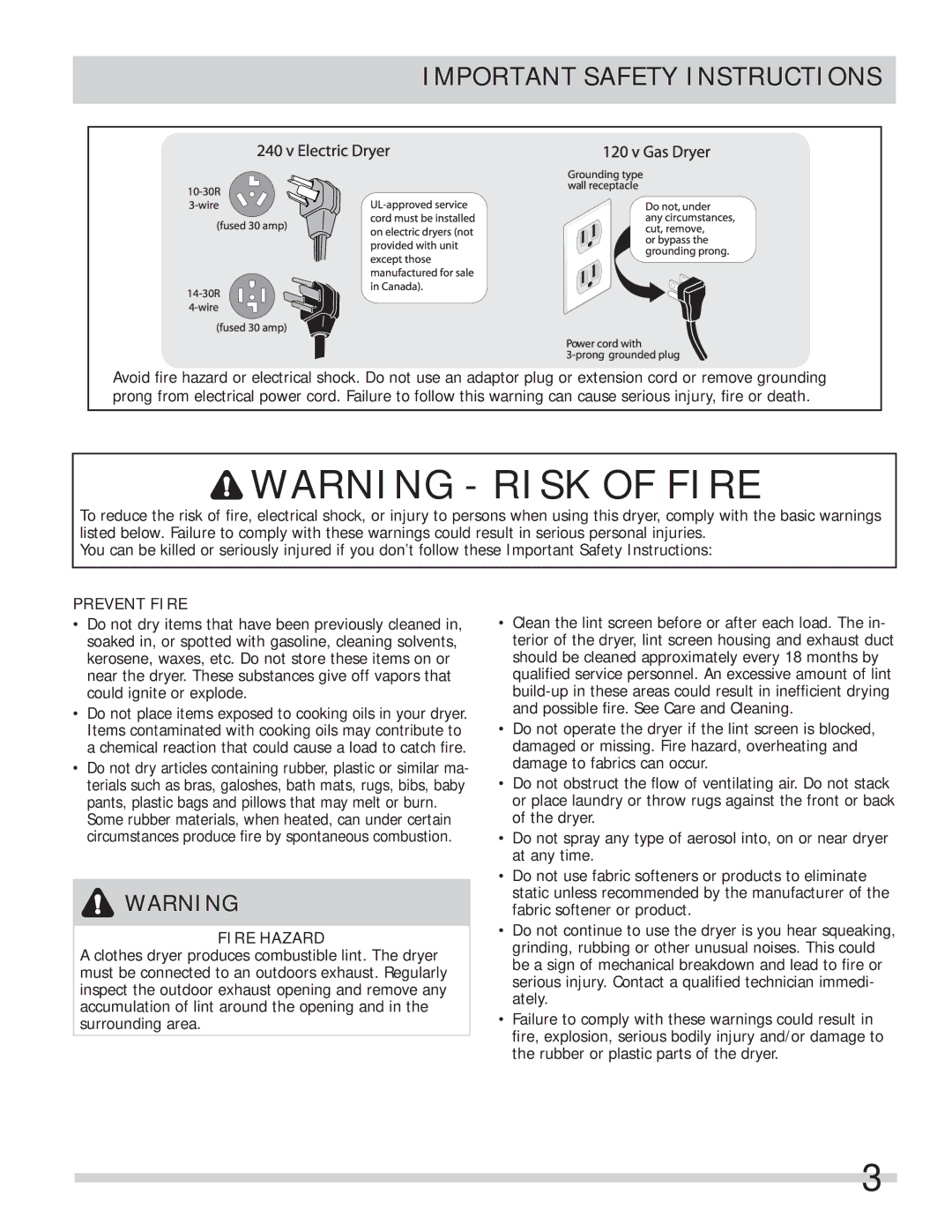 Frigidaire 137338500A, FAQG7001LW important safety instructions Electric Dryer 