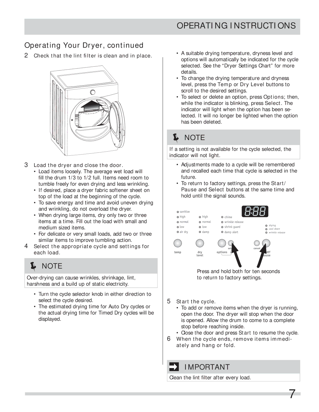 Frigidaire 137338500A, FAQG7001LW Select the appropriate cycle and settings for each load, Start the cycle 