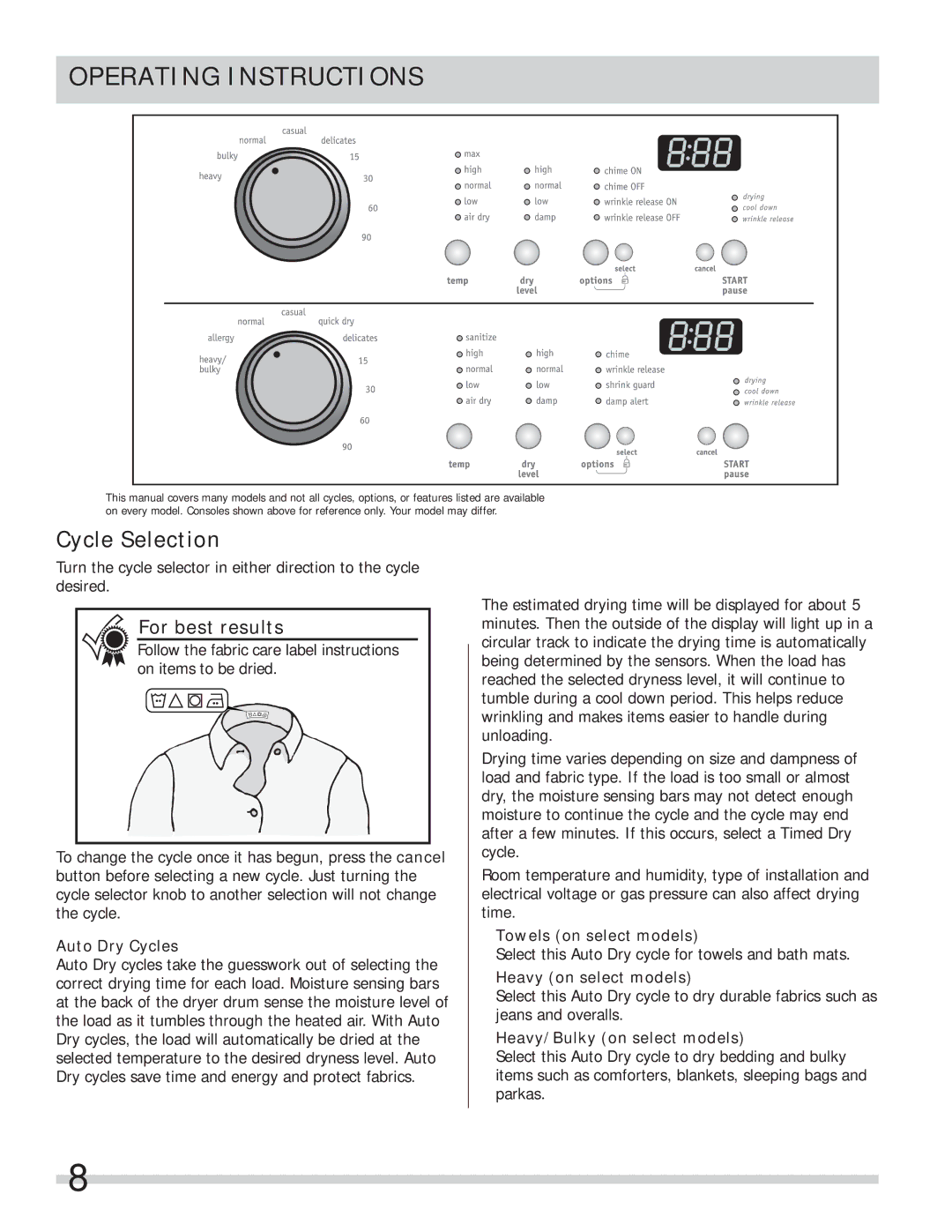 Frigidaire FAQG7001LW, 137338500A Cycle Selection, Auto Dry Cycles, Towels on select models, Heavy on select models 