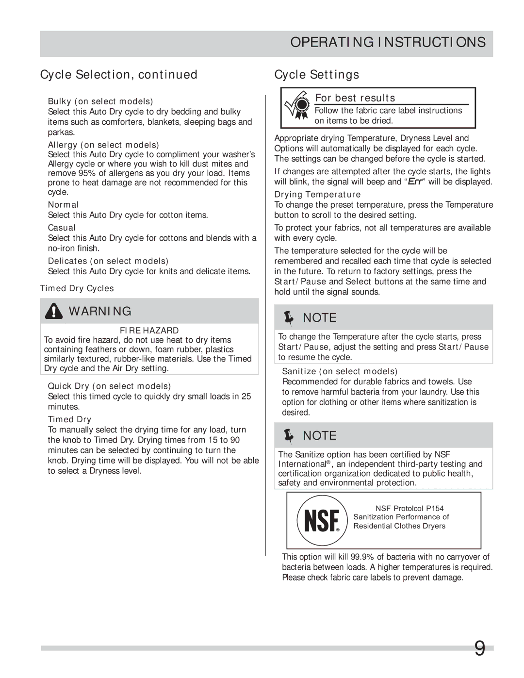 Frigidaire 137338500A, FAQG7001LW important safety instructions Cycle Settings 