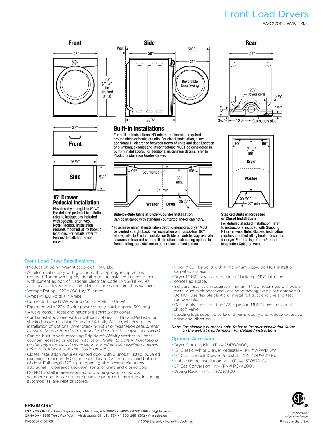 Frigidaire FAQG7011KB, FAQG7011KW dimensions Front Load Dryer Specifications, Optional Accessories 