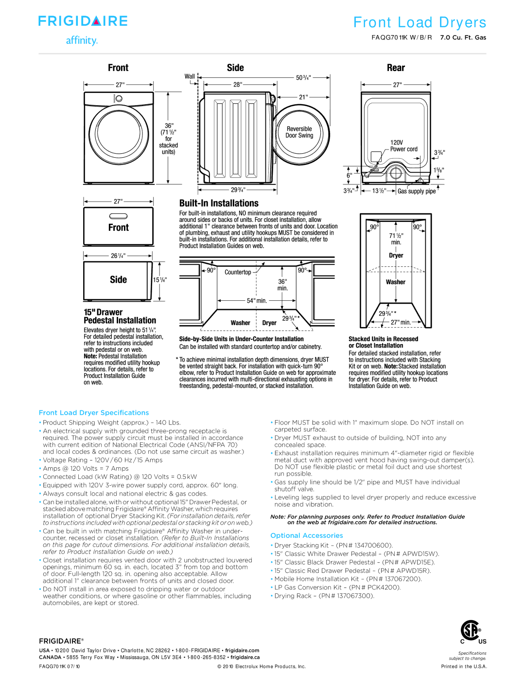 Frigidaire FAQG7011K W/B/R dimensions Front Load Dryer Specifications, Optional Accessories 