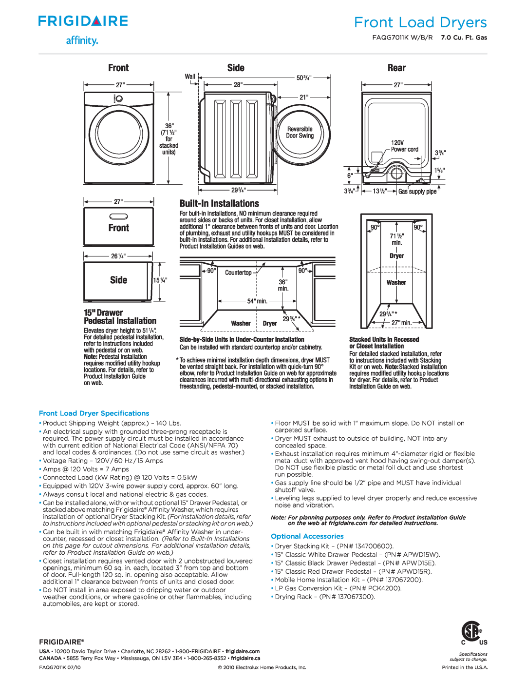 Frigidaire FAQG7011K W/B/R dimensions Front Load Dryer Specifications, Frigidaire, Optional Accessories, Front Load Dryers 