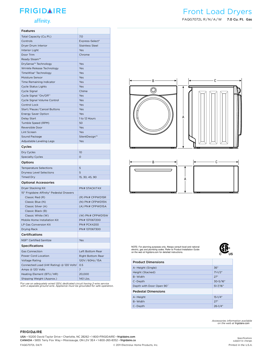 Frigidaire FAQG7072L Features, Cycles, Options, Optional Accessories, Certifications, Specifications, Product Dimensions 