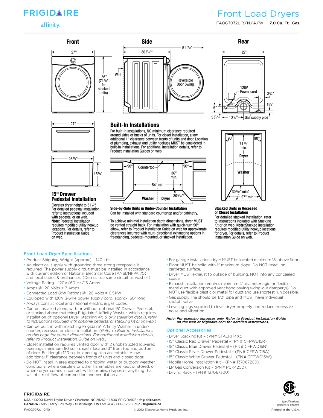 Frigidaire FAQG7072L dimensions Front Load Dryer Specifications, Optional Accessories 