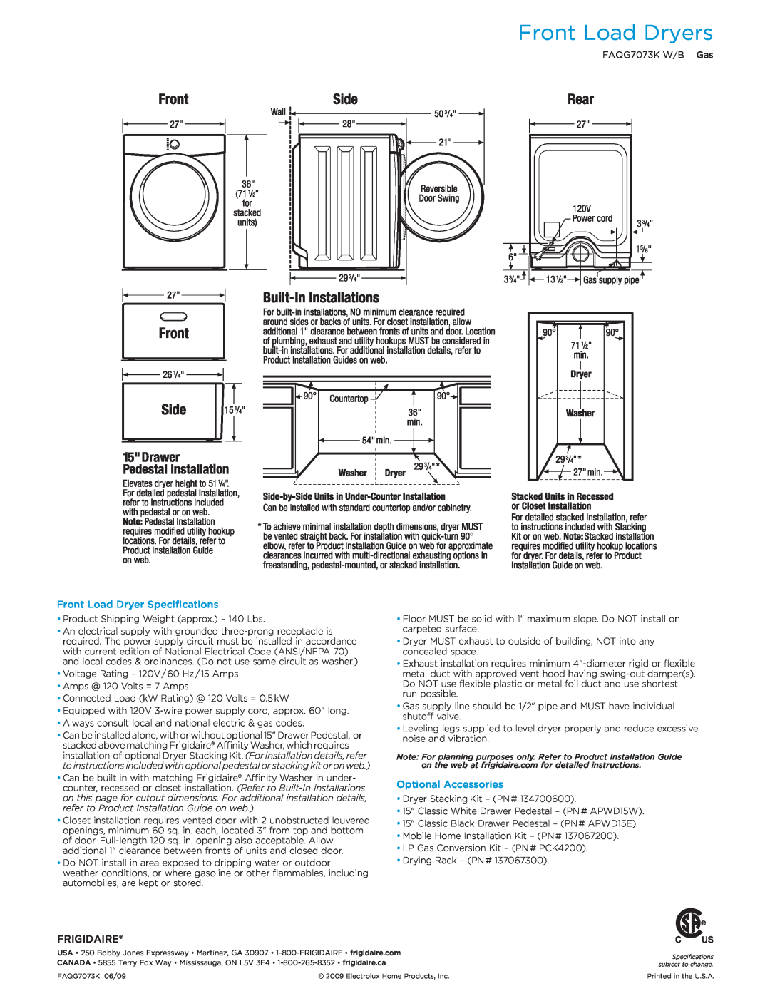 Frigidaire FAQG7073K W/B dimensions Front Load Dryer Specifications, Optional Accessories, Frigidaire, Front Load Dryers 