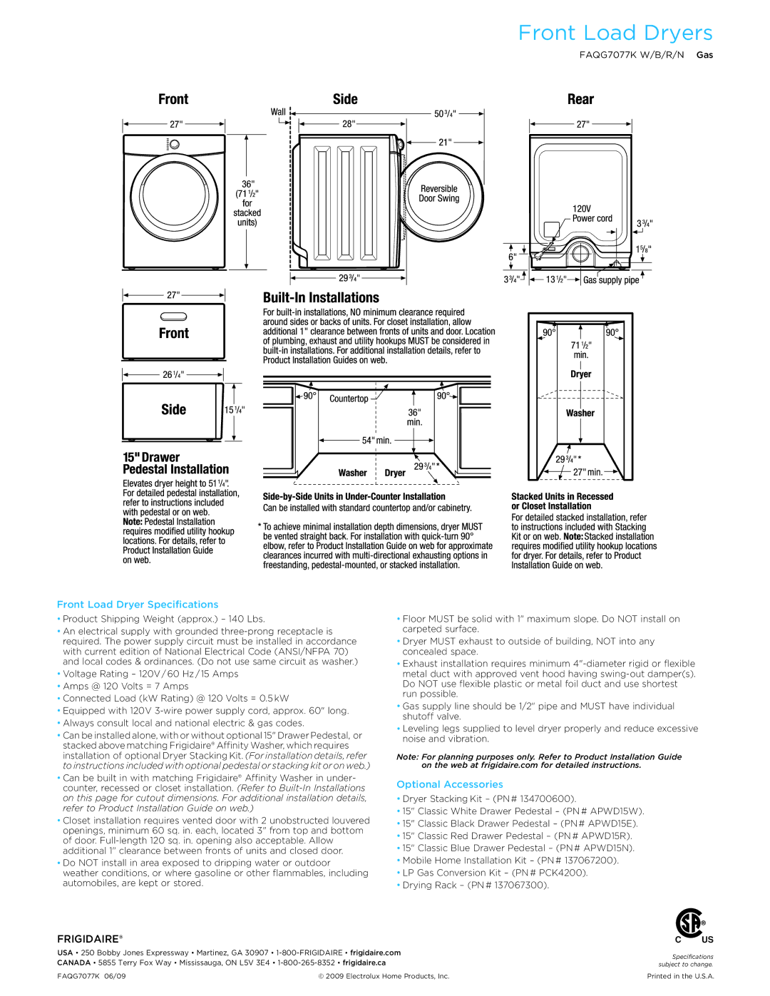 Frigidaire FAQG7077K dimensions Front Load Dryer Specifications, Optional Accessories 