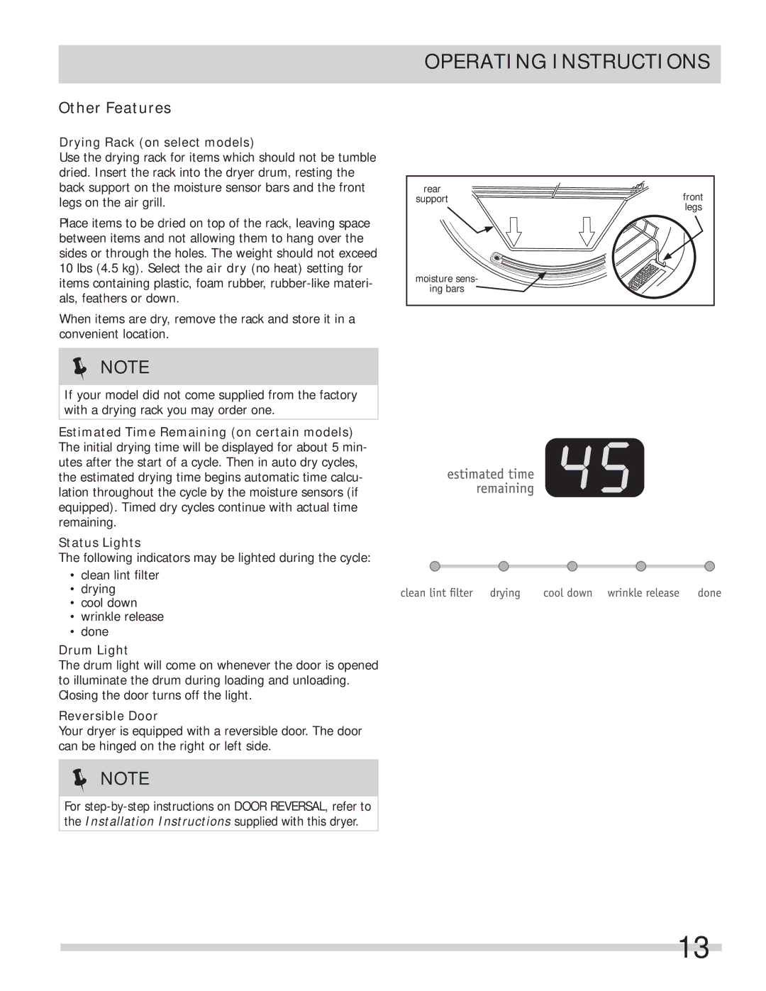 Frigidaire FARE1011MW Other Features, Drying Rack on select models, Drum Light, Reversible Door 