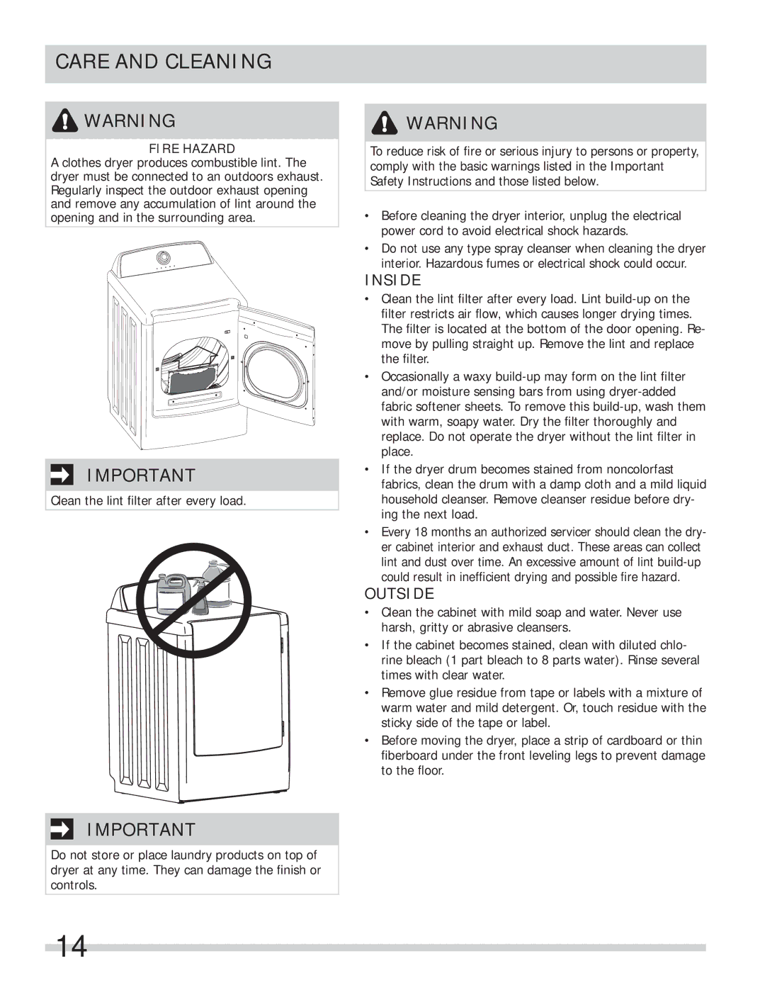 Frigidaire FARE1011MW important safety instructions Care and Cleaning, Inside 