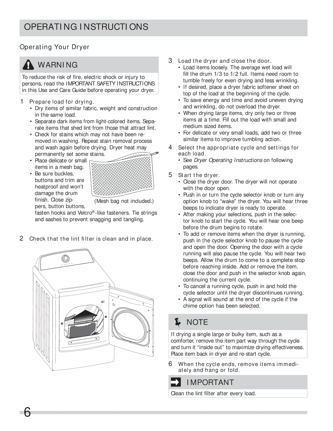 Frigidaire FARE1011MW important safety instructions Operating Your Dryer, Prepare load for drying, Start the dryer 