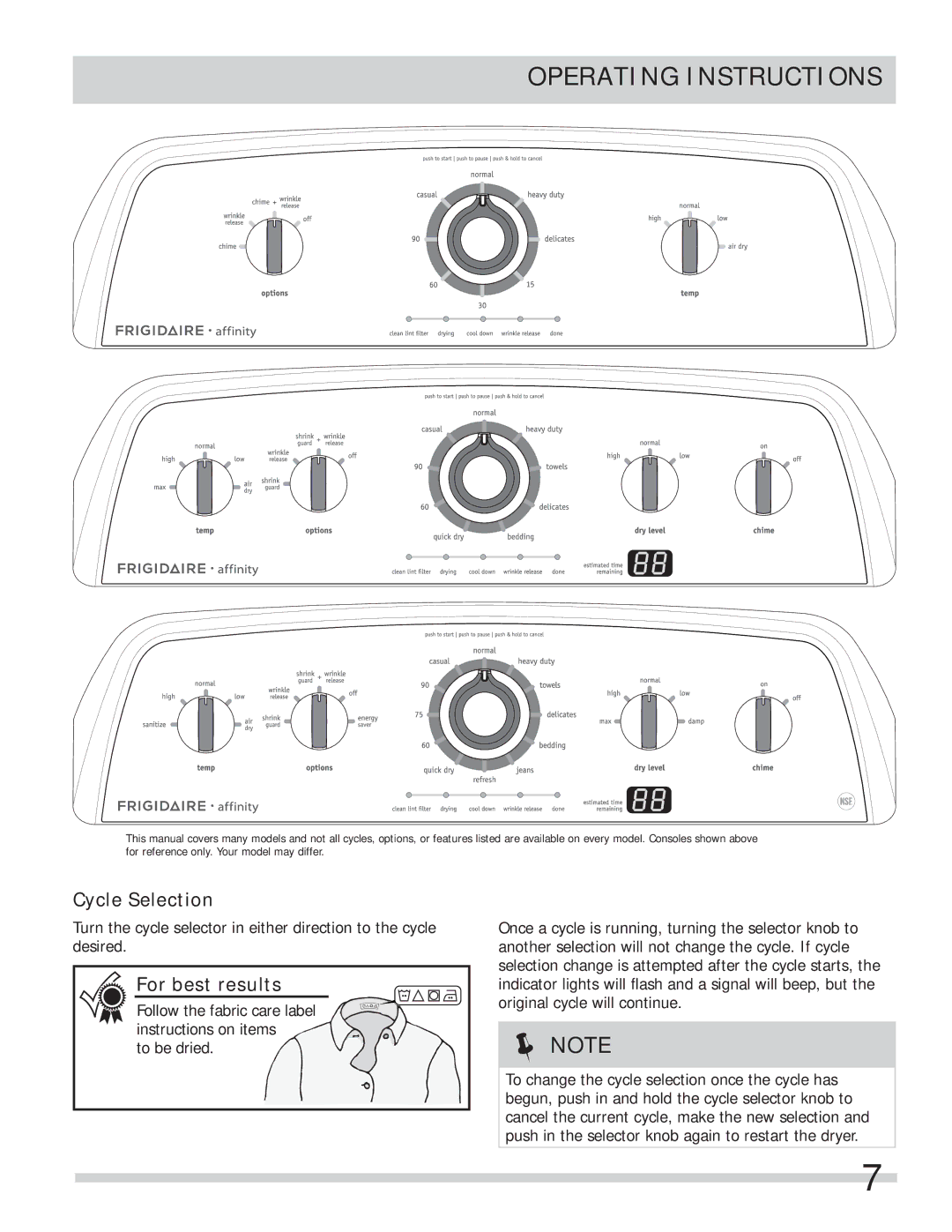 Frigidaire FARE1011MW important safety instructions Cycle Selection, For best results 