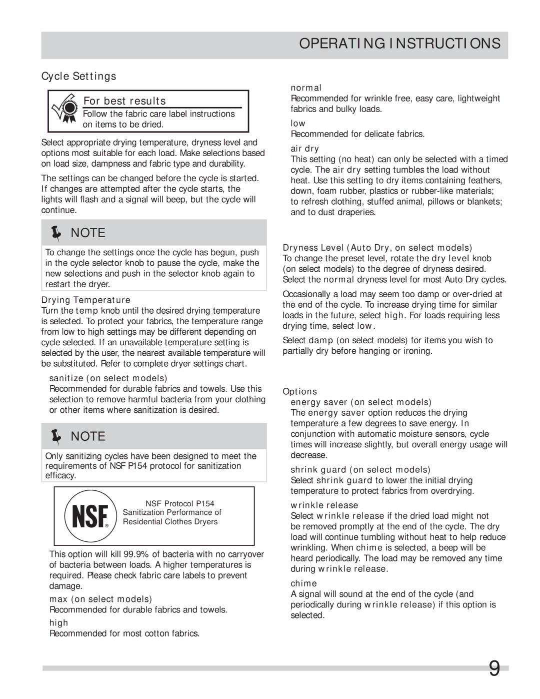 Frigidaire FARE1011MW important safety instructions Cycle Settings For best results 