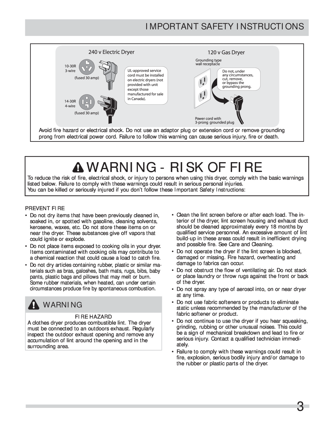 Frigidaire FARE1011MW important safety instructions Warning - Risk Of Fire, Important Safety Instructions, v Electric Dryer 