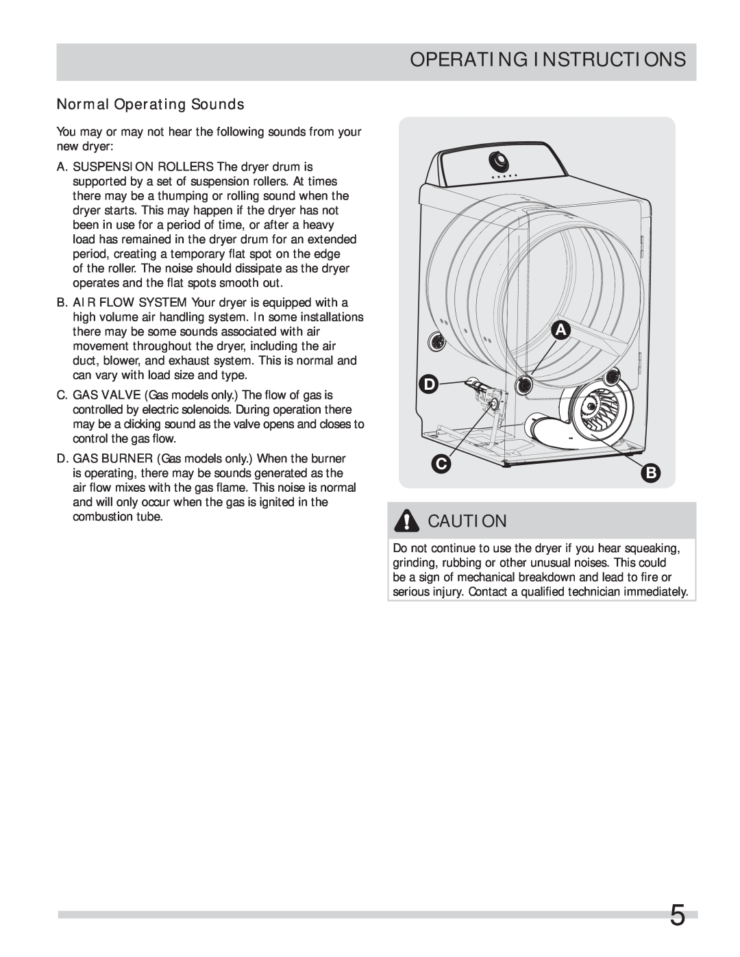 Frigidaire FARE1011MW important safety instructions Operating Instructions, Normal Operating Sounds, A D C B 