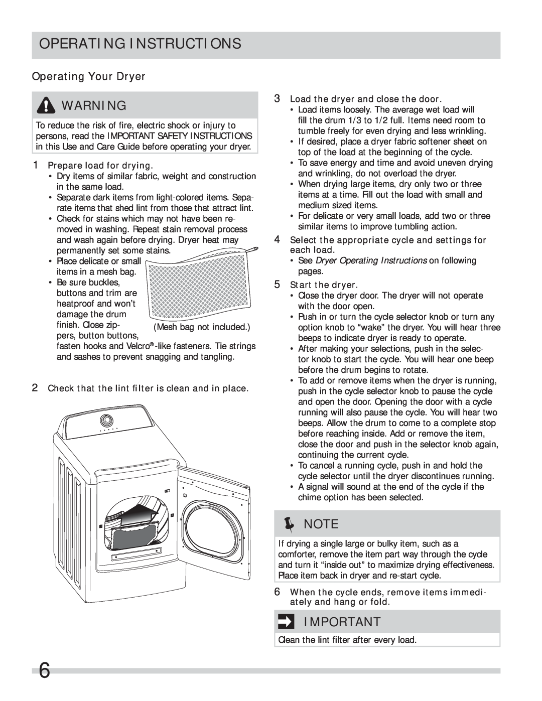 Frigidaire FARE1011MW Operating Your Dryer, Operating Instructions, Prepare load for drying, Start the dryer 