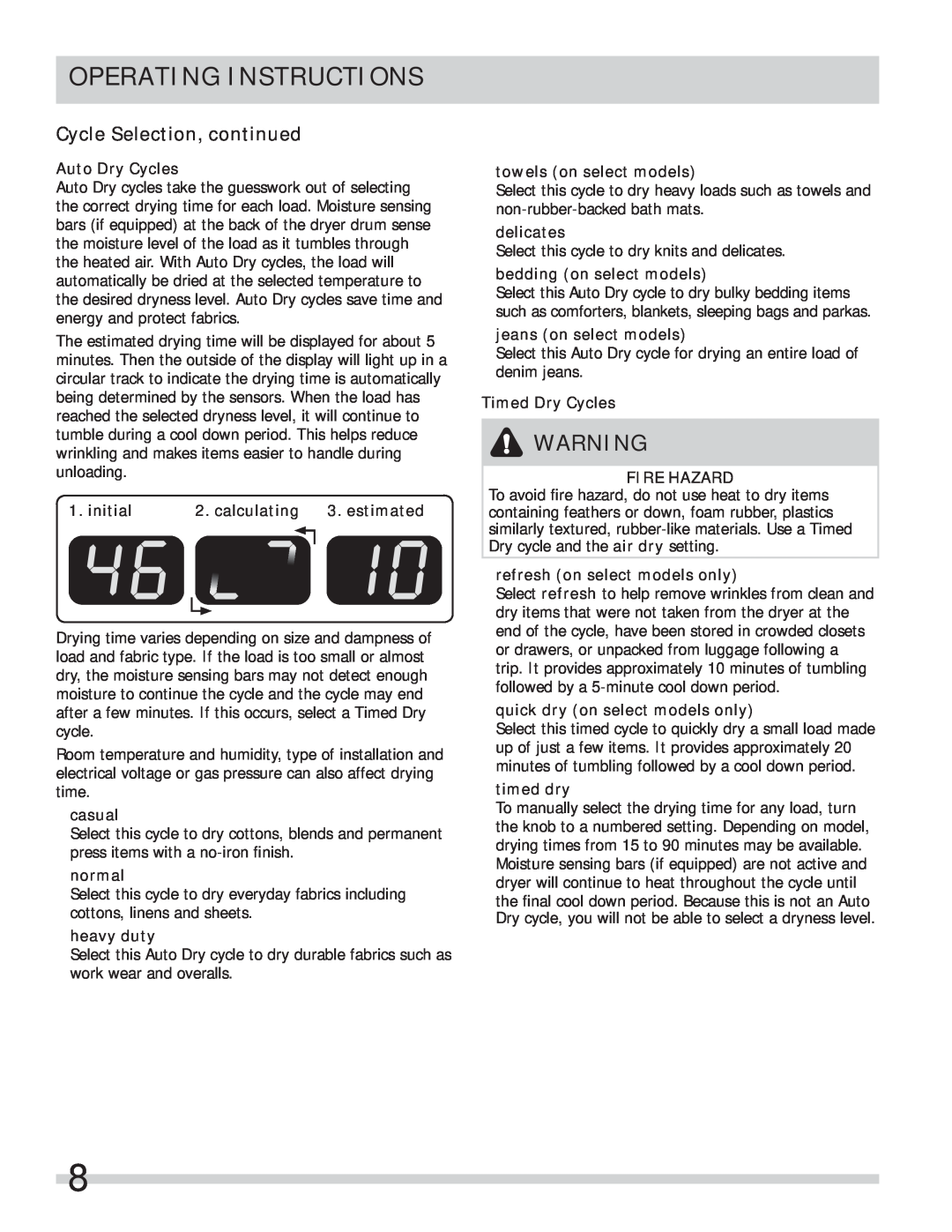 Frigidaire FARE1011MW important safety instructions Cycle Selection, continued, Operating Instructions 