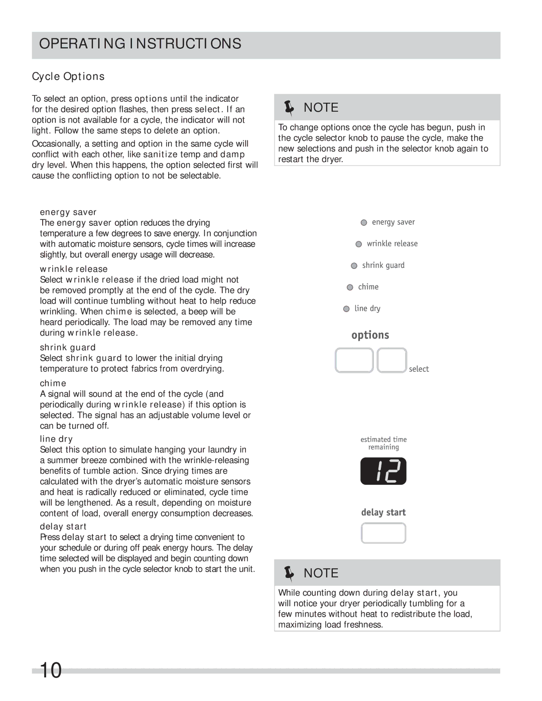 Frigidaire FARE4044MW important safety instructions Cycle Options 