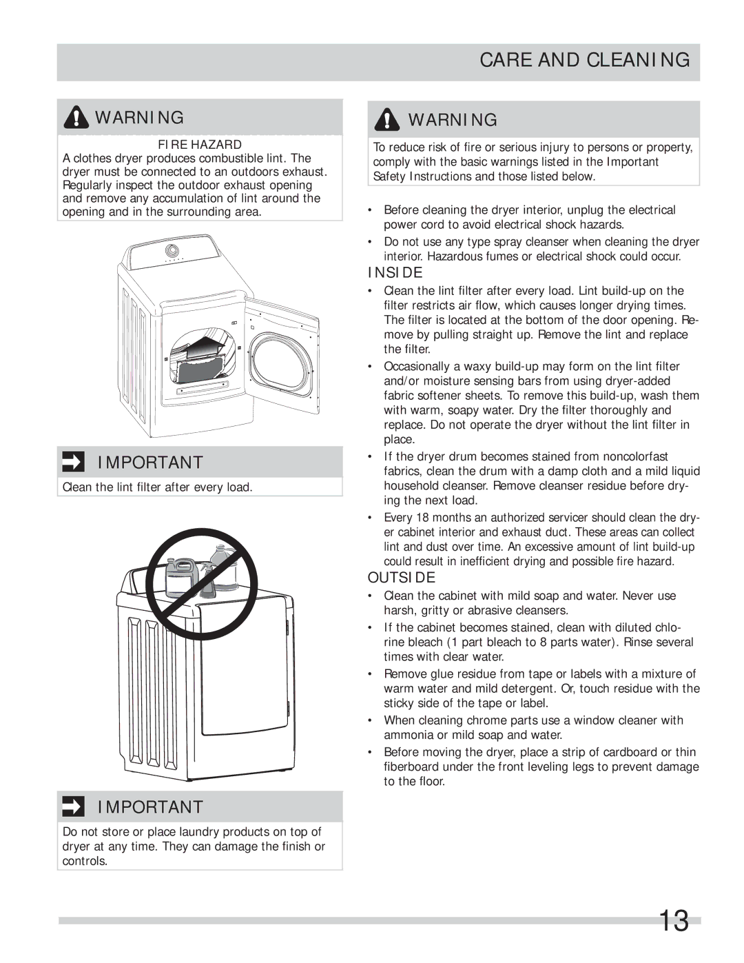 Frigidaire FARE4044MW important safety instructions Care and Cleaning, Inside 