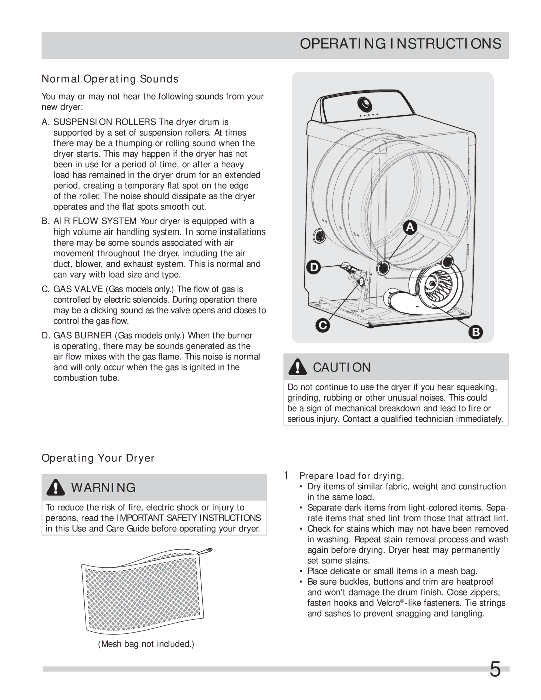 Frigidaire FARE4044MW Operating Instructions, Normal Operating Sounds, Operating Your Dryer, Prepare load for drying 