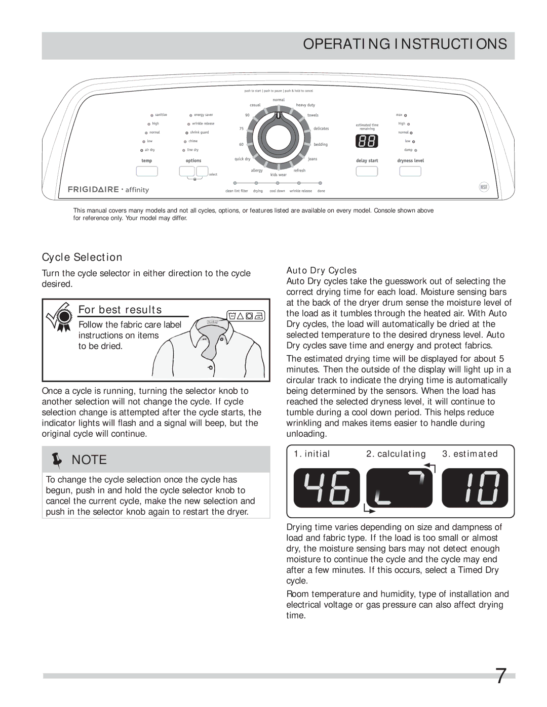 Frigidaire FARE4044MW Cycle Selection, For best results, Auto Dry Cycles, Initial Calculating Estimated 