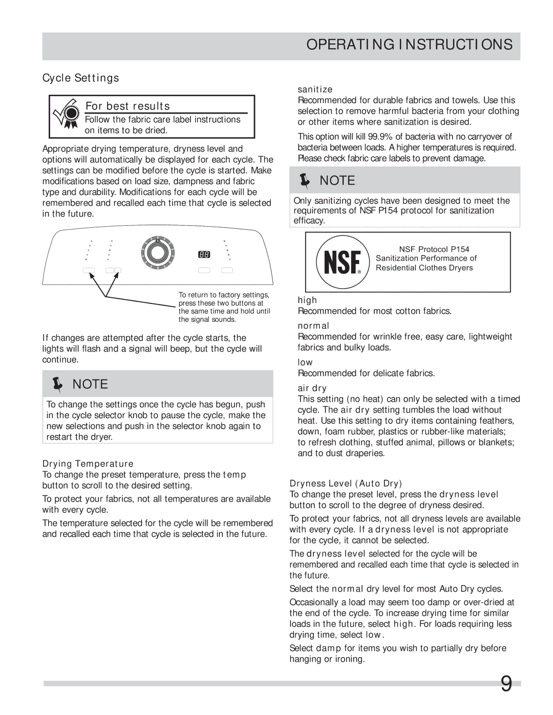 Frigidaire FARE4044MW important safety instructions Cycle Settings For best results 