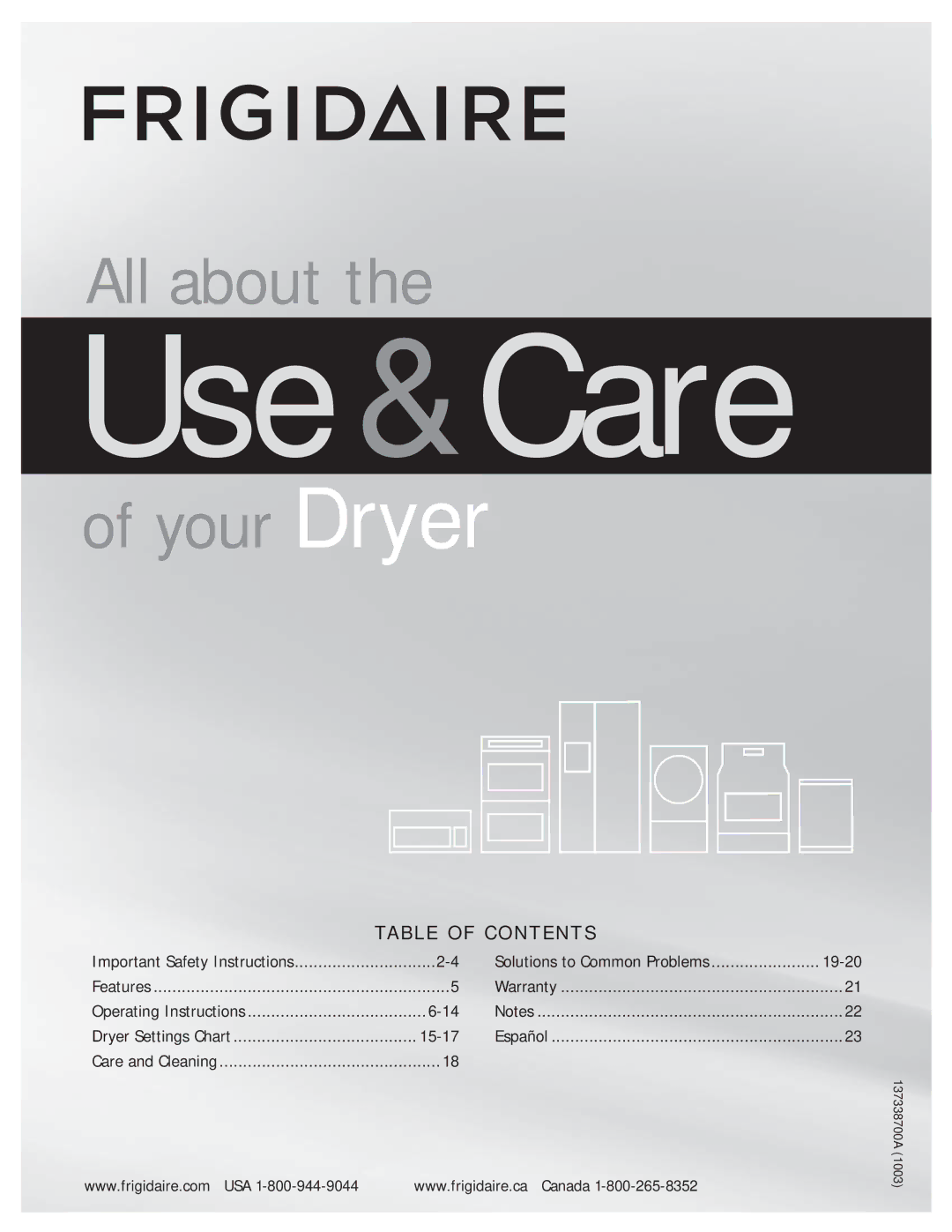 Frigidaire FASE7074LW, FASE7073LA, FASE7074LN, FASE7073LW, FAQE7072LR, FAQE7072LN important safety instructions Use &Care 