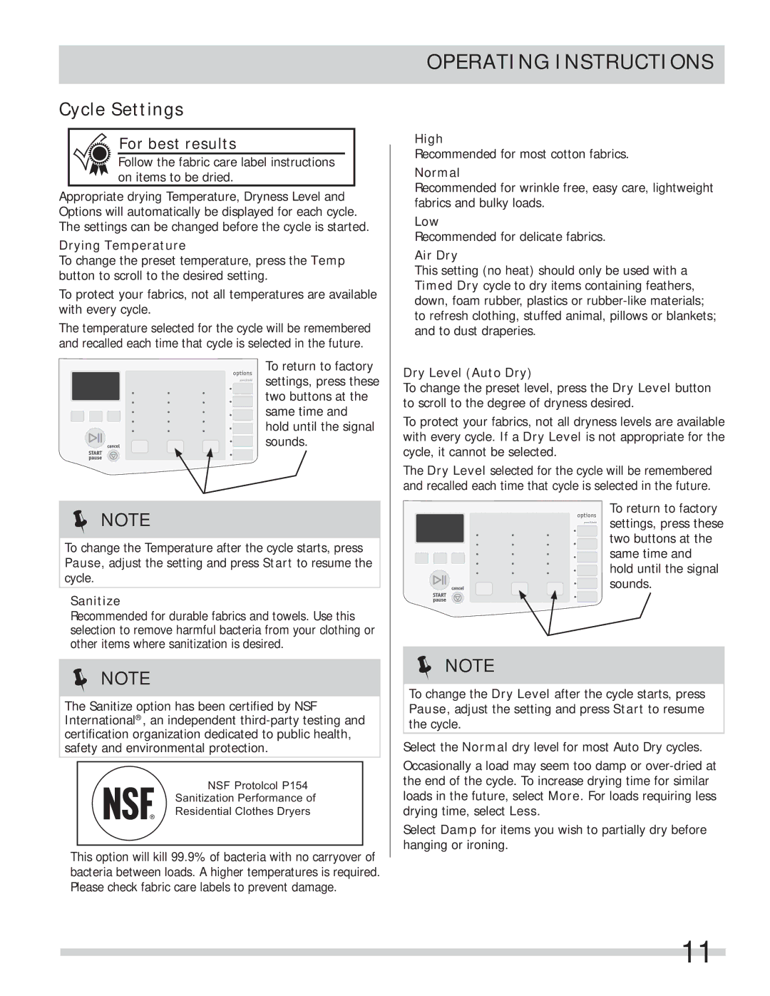 Frigidaire FASE7073LW, FASE7073LA, FASE7074LW, FASE7074LN, FAQE7072LR, FAQE7072LN, FAQE7072LA, FAQE7072LW Cycle Settings 