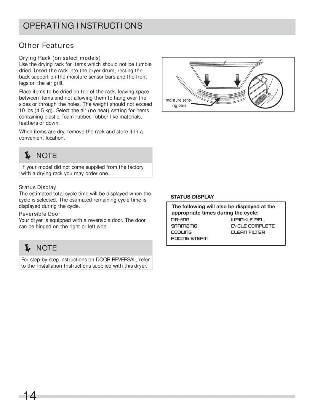 Frigidaire FAQE7072LA, FASE7073LA, FASE7074LW Other Features, Drying Rack on select models, Status Display, Reversible Door 