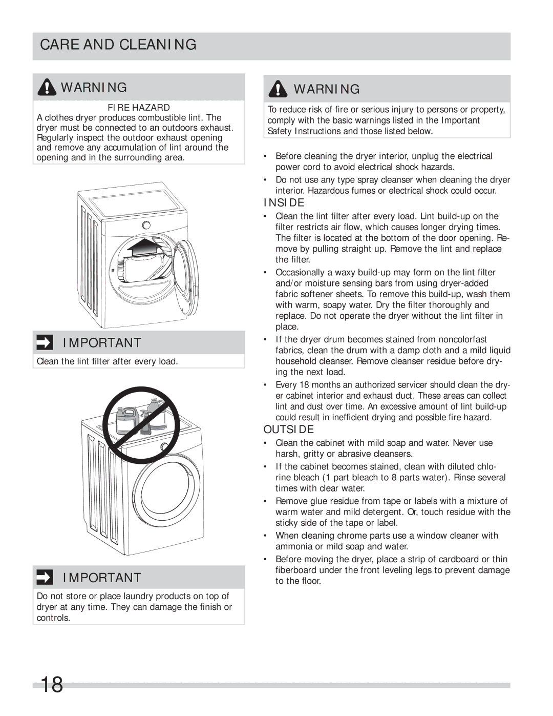 Frigidaire FASE7074LN, FASE7073LA, FASE7074LW, FASE7073LW, FAQE7072LR, FAQE7072LN, FAQE7072LA Care and Cleaning, Inside 