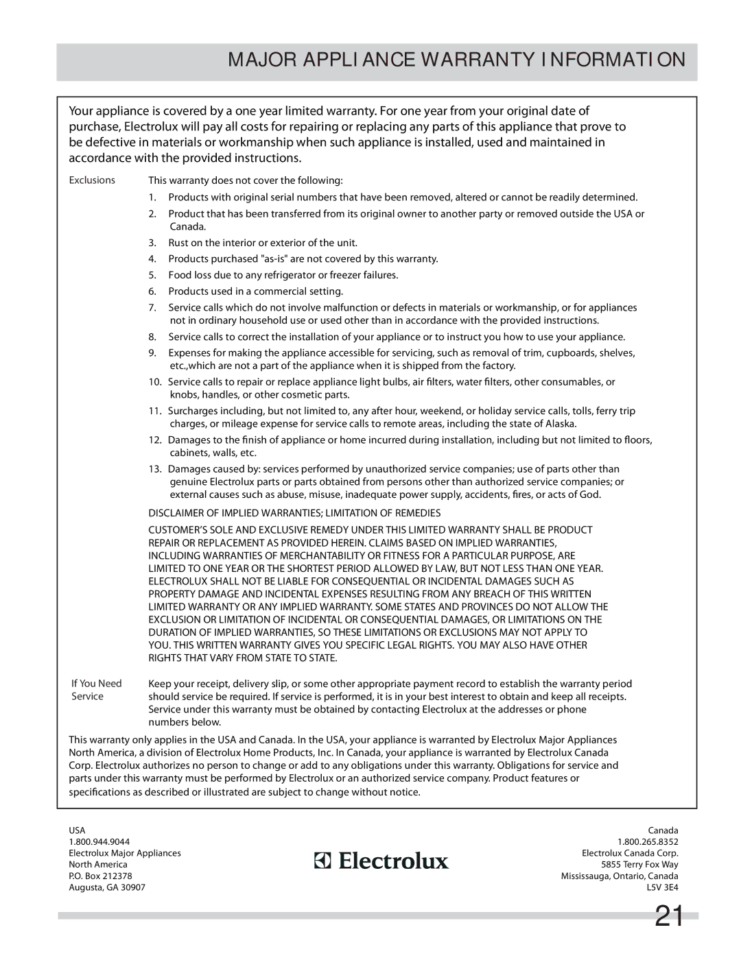 Frigidaire FAQE7072LN, FASE7073LA, FASE7074LW, FASE7074LN, FASE7073LW Major Appliance Warranty Information, Exclusions 