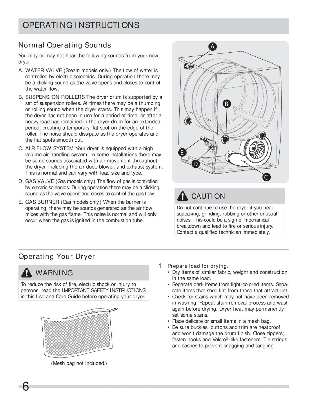 Frigidaire FAQE7072LA Operating Instructions, Normal Operating Sounds, Operating Your Dryer, Prepare load for drying 