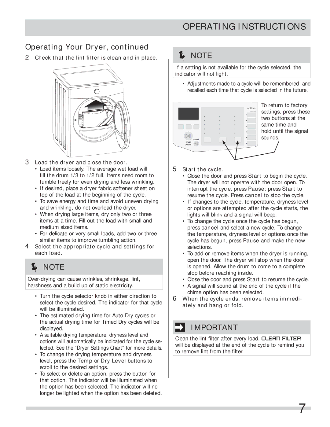 Frigidaire FAQE7072LW, FASE7073LA, FASE7074LW Select the appropriate cycle and settings for each load, Start the cycle 