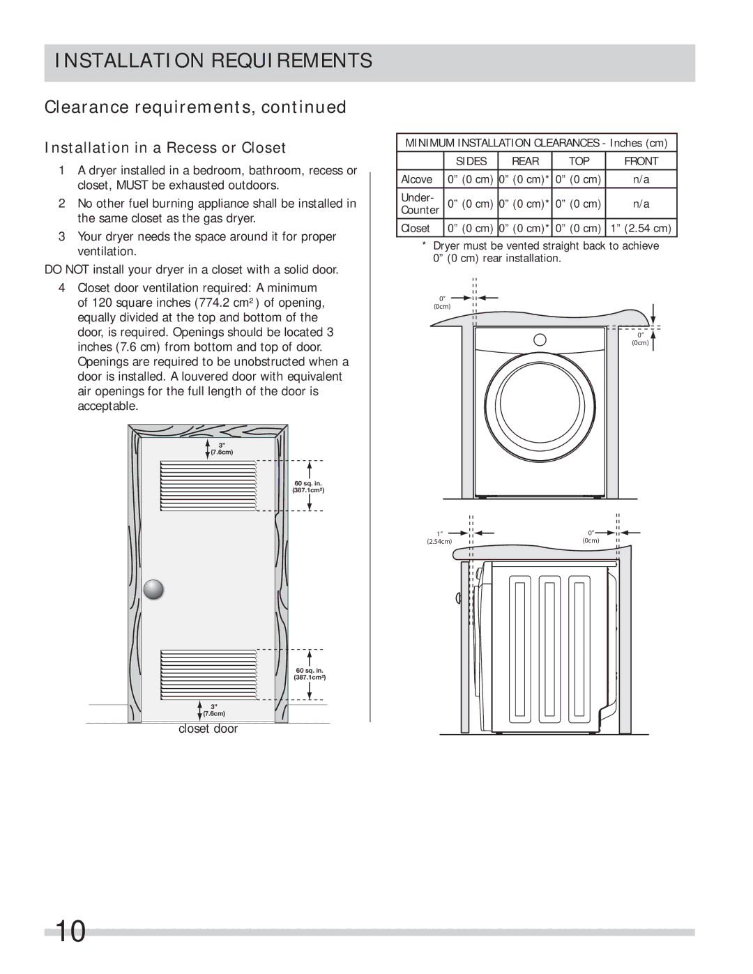 Frigidaire FASE7073NW, FASE7074NA, FASE7073NA, FASE7021NW, FASE7073NR Installation in a Recess or Closet 