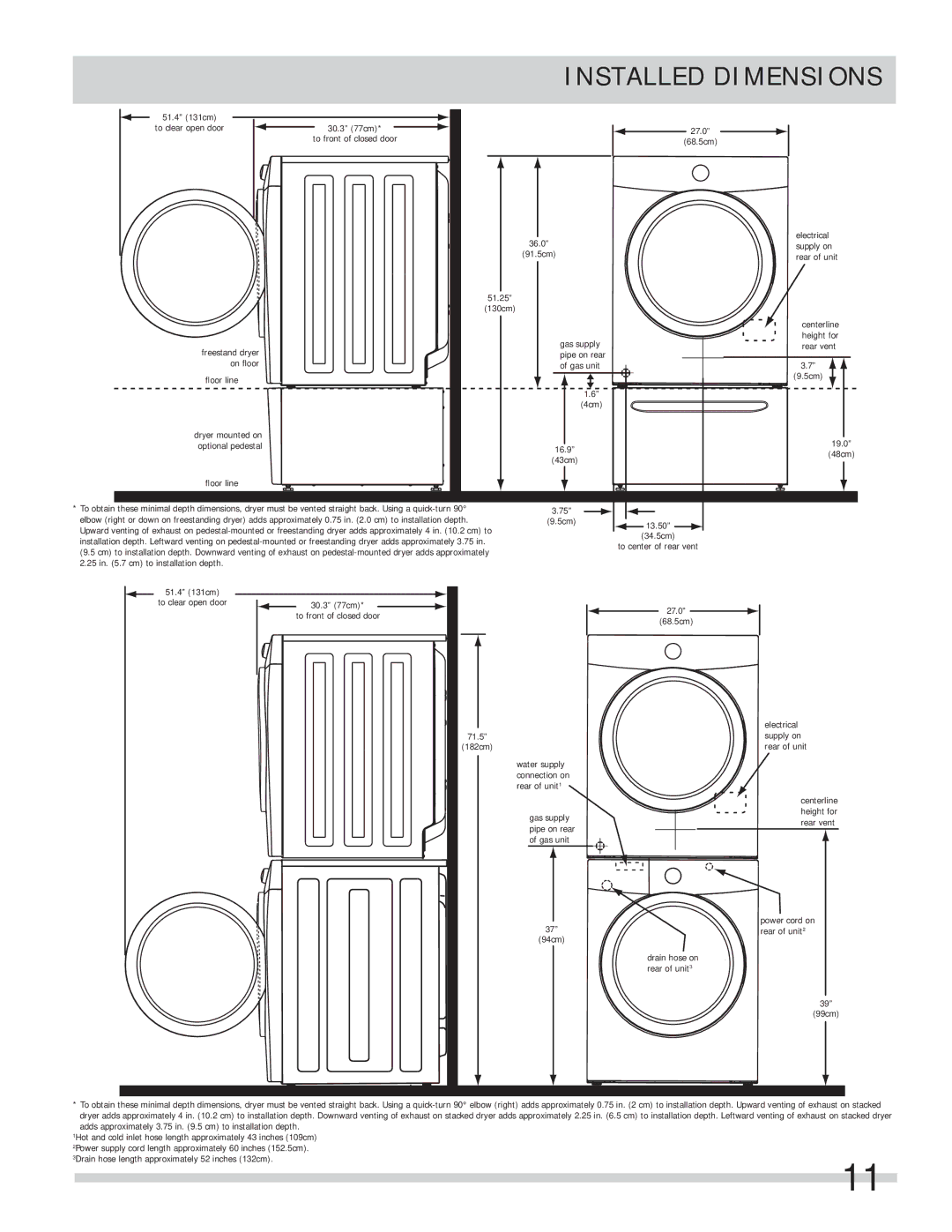 Frigidaire FASE7074NA, FASE7073NW, FASE7073NA, FASE7021NW, FASE7073NR important safety instructions Installed Dimensions 