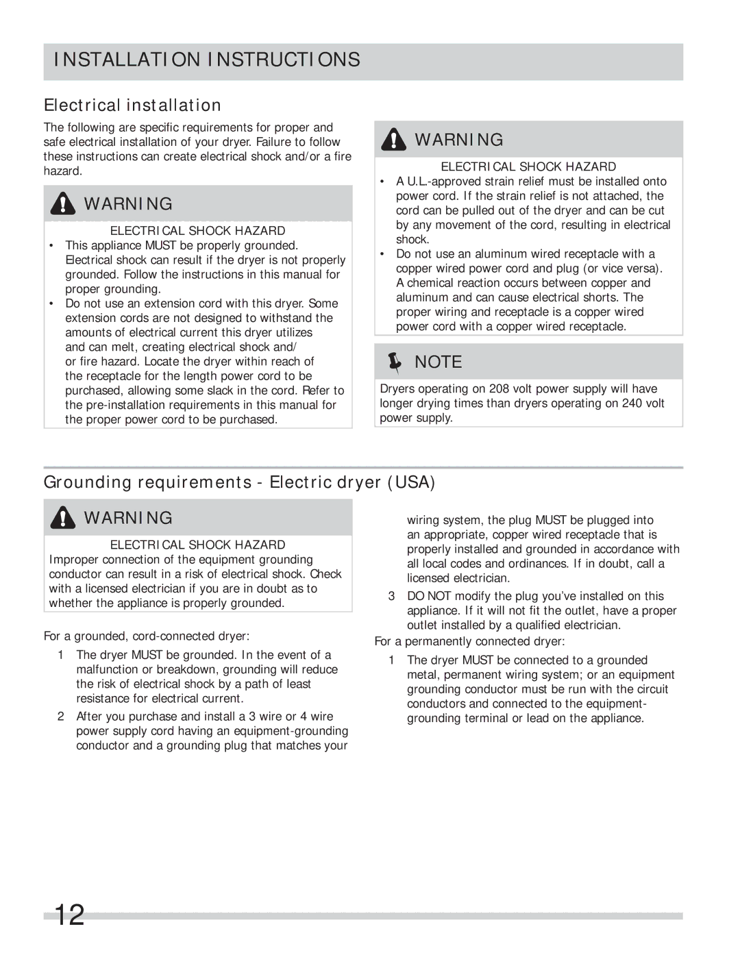 Frigidaire FASE7073NA Installation Instructions, Electrical installation, Grounding requirements Electric dryer USA 