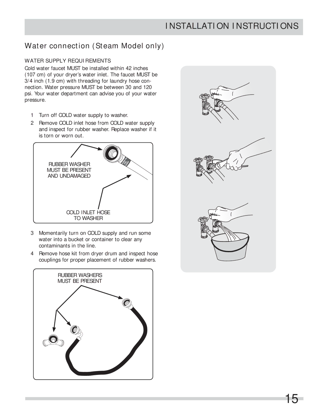 Frigidaire FASE7073NW, FASE7074NA, FASE7073NA, FASE7021NW Water connection Steam Model only, Water Supply Requirements 