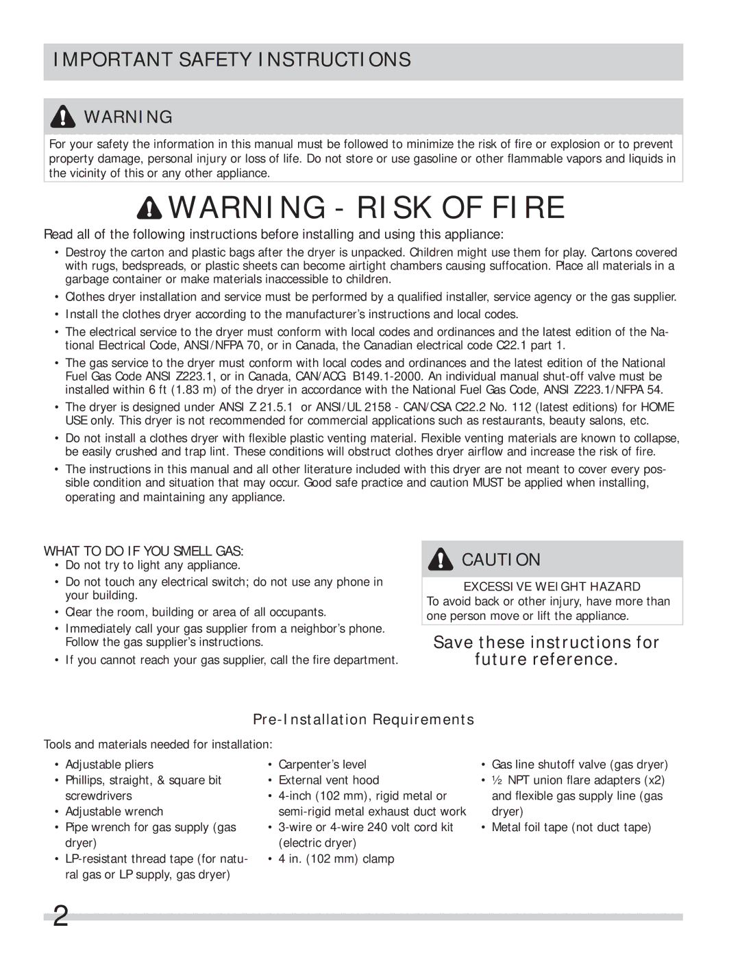 Frigidaire FASE7073NA Important Safety Instructions, Save these instructions for Future reference, Excessive Weight Hazard 