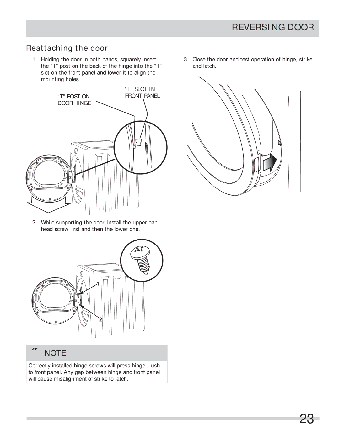 Frigidaire FASE7021NW, FASE7073NW, FASE7074NA, FASE7073NA Reattaching the door, Slot Post Onfront Panel Door Hinge 