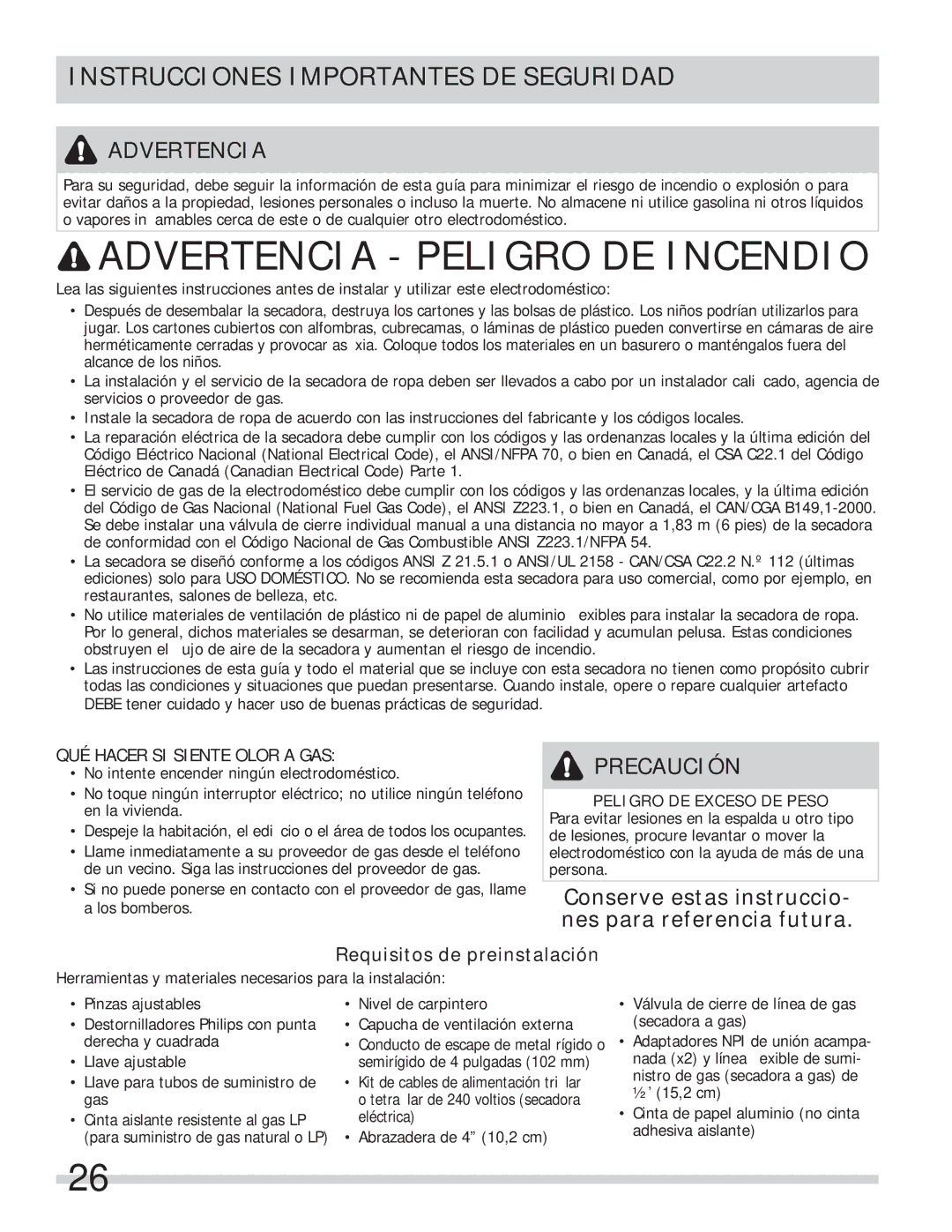 Frigidaire FASE7074NA Instrucciones Importantes DE Seguridad, Conserve estas instruccio- nes para referencia futura 