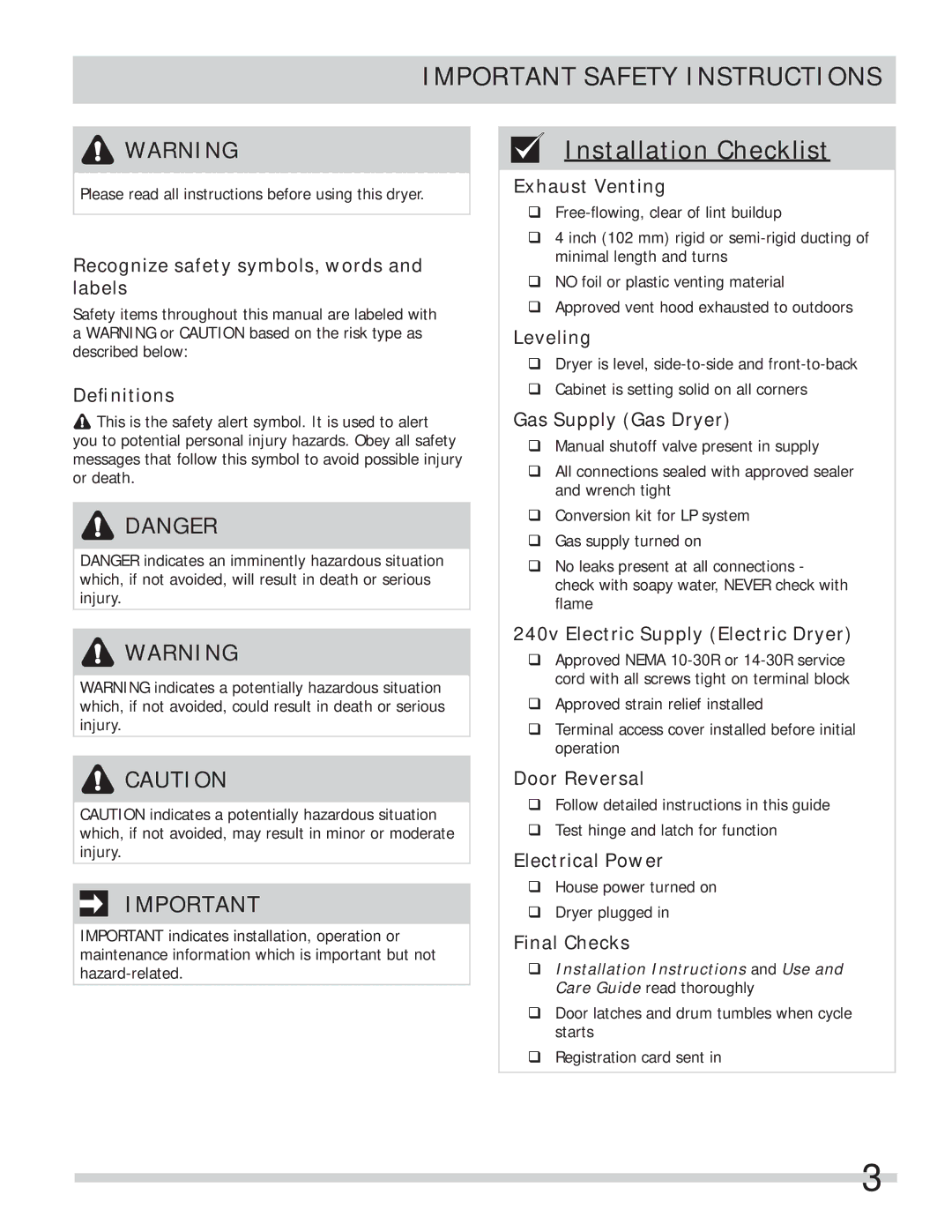 Frigidaire FASE7021NW, FASE7073NW, FASE7074NA, FASE7073NA, FASE7073NR important safety instructions Installation Checklist 