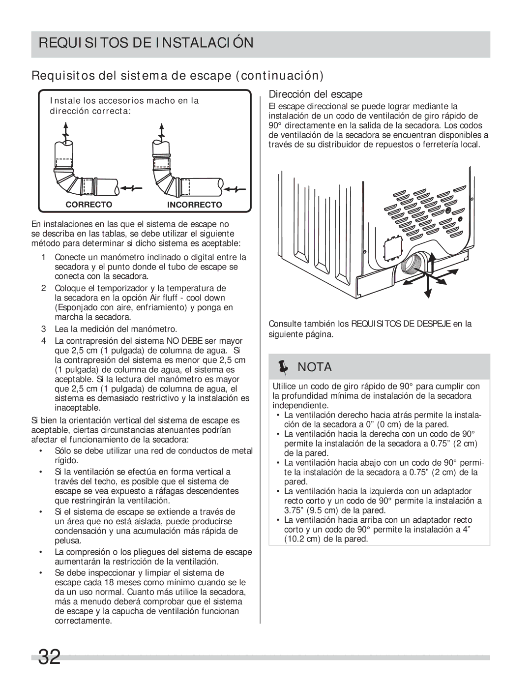 Frigidaire FASE7073NA, FASE7073NW, FASE7074NA, FASE7021NW, FASE7073NR important safety instructions Dirección del escape 