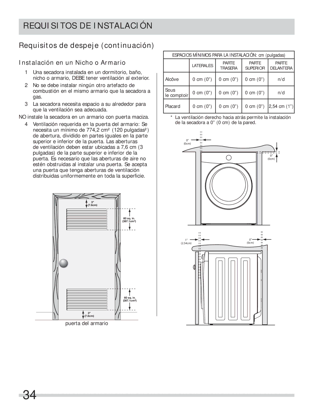 Frigidaire FASE7073NR, FASE7073NW, FASE7074NA Requisitos de despeje continuación, Instalación en un Nicho o Armario 