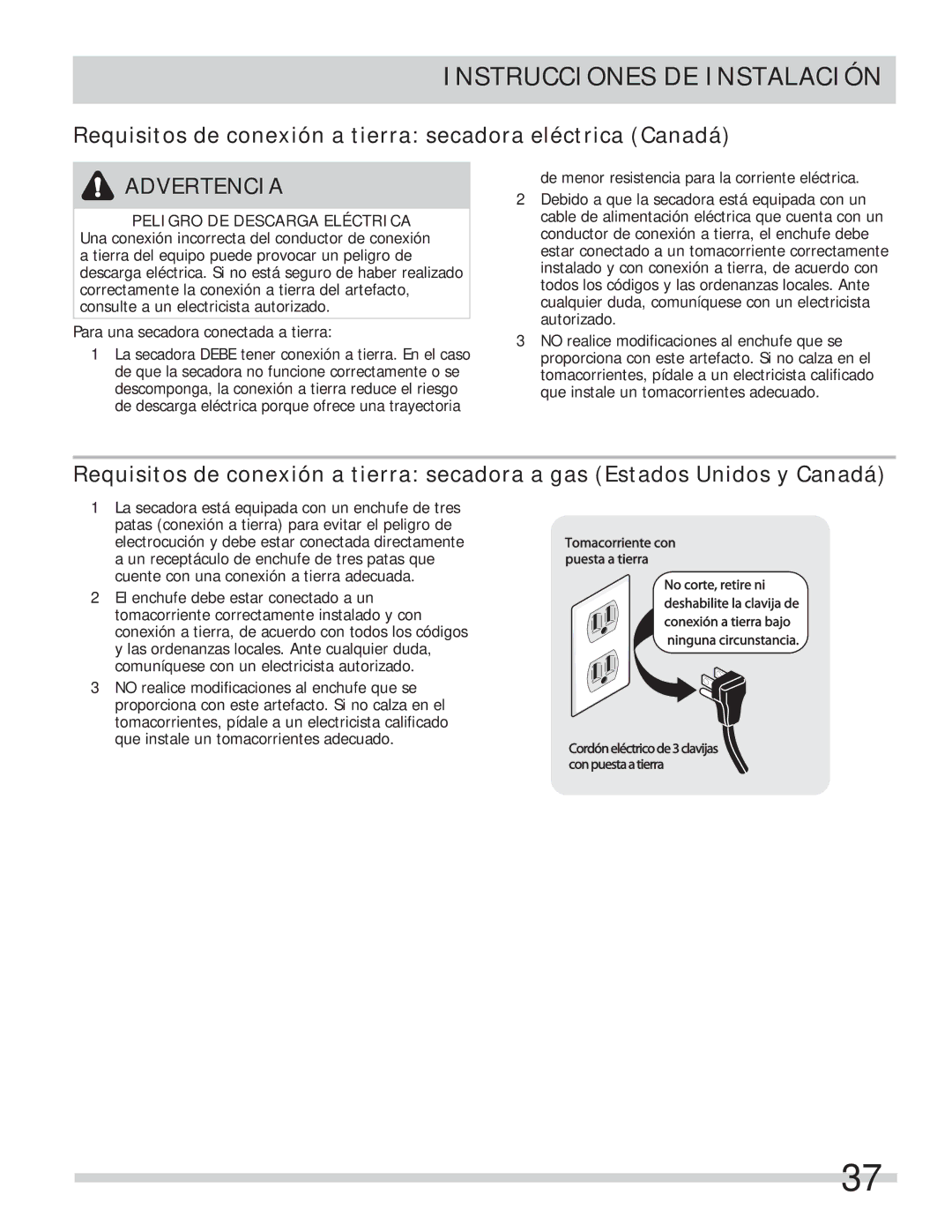 Frigidaire FASE7073NA, FASE7073NW, FASE7074NA, FASE7021NW Requisitos de conexión a tierra secadora eléctrica Canadá 