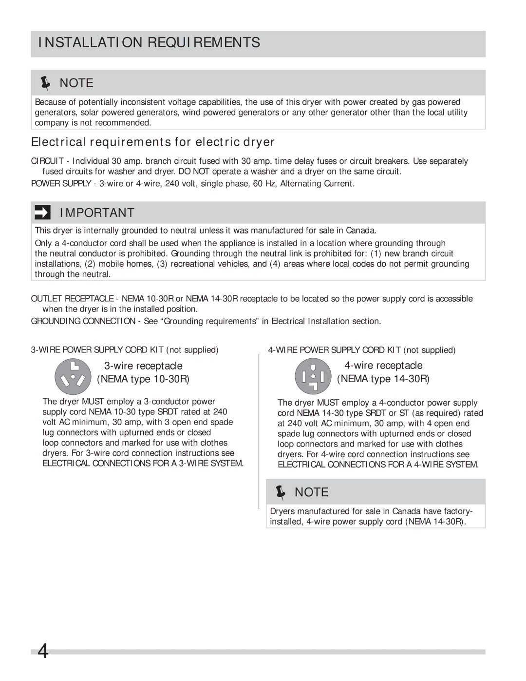 Frigidaire FASE7073NR, FASE7073NW, FASE7074NA Installation Requirements, Electrical requirements for electric dryer 