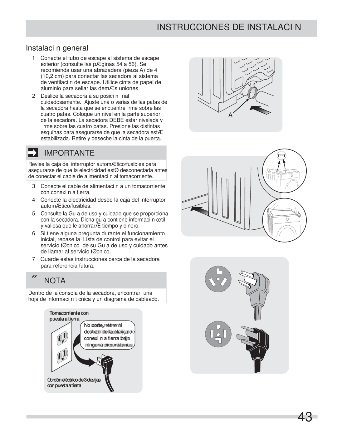 Frigidaire FASE7021NW, FASE7073NW, FASE7074NA, FASE7073NA, FASE7073NR important safety instructions Instalación general 