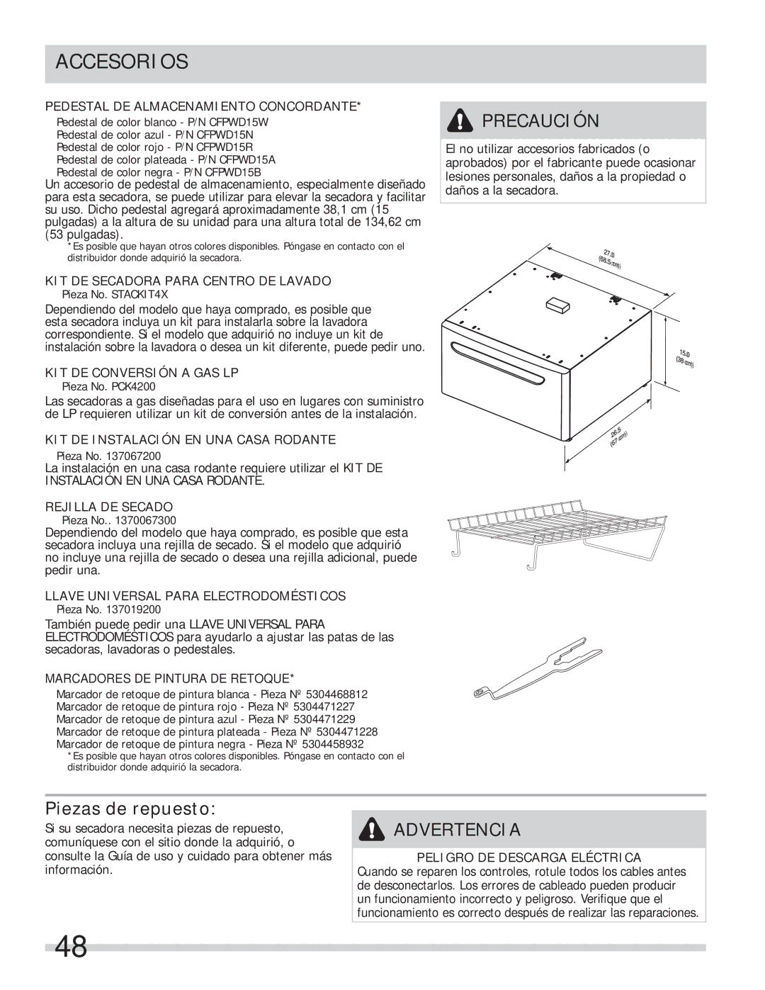 Frigidaire FASE7021NW, FASE7073NW, FASE7074NA, FASE7073NA, FASE7073NR Accesorios, Piezas de repuesto 