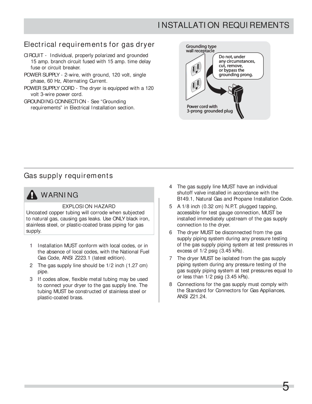 Frigidaire FASE7073NW, FASE7074NA, FASE7073NA, FASE7021NW Electrical requirements for gas dryer, Gas supply requirements 