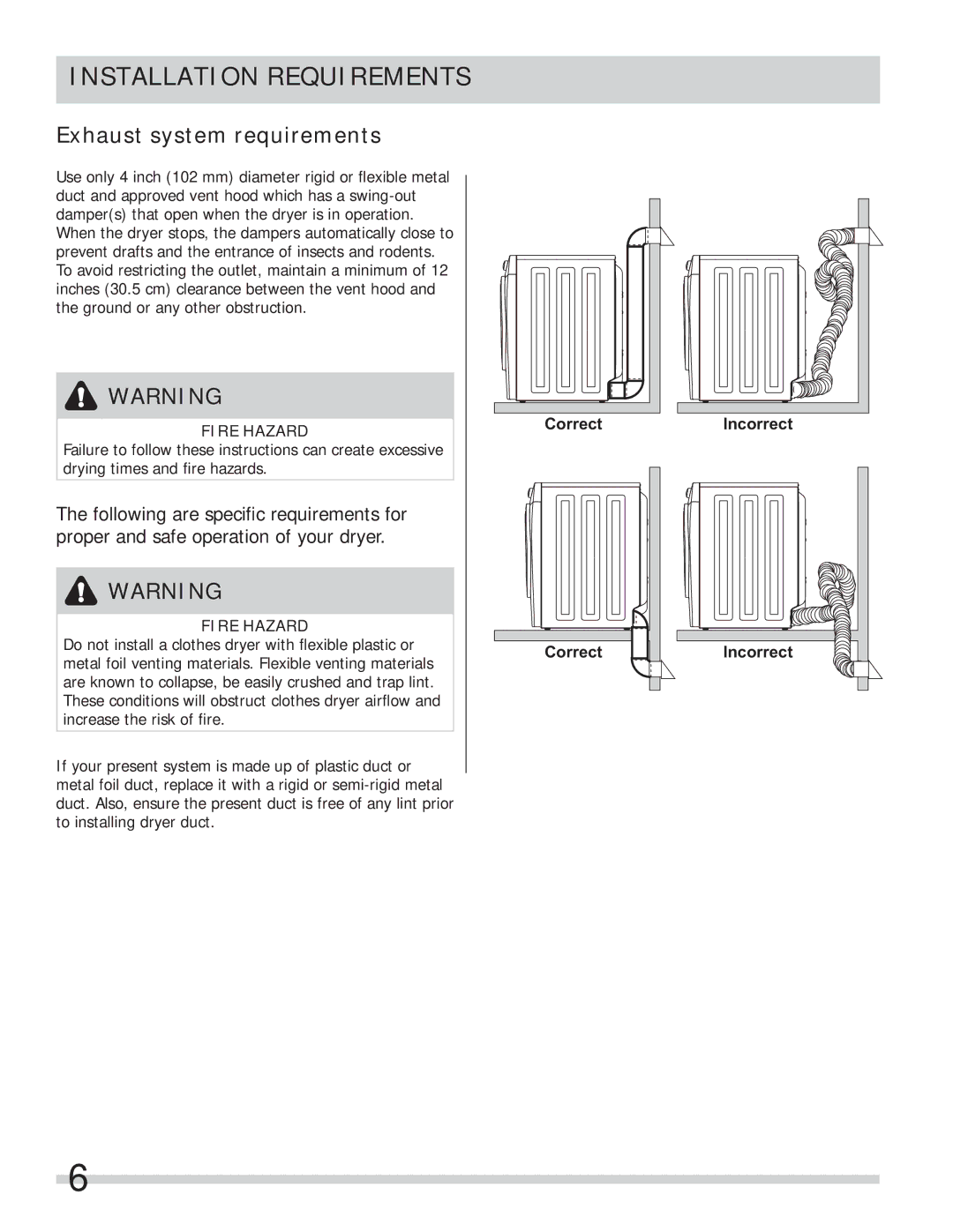 Frigidaire FASE7074NA, FASE7073NW, FASE7073NA, FASE7021NW, FASE7073NR Exhaust system requirements, Fire Hazard 