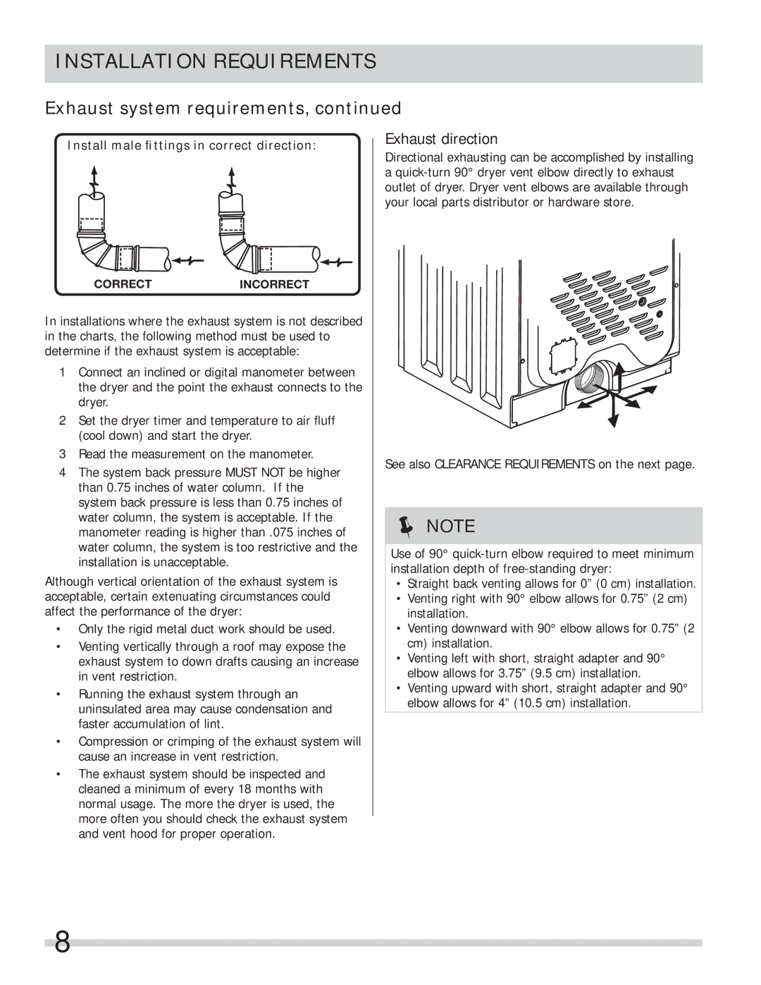 Frigidaire FASE7021NW, FASE7073NW, FASE7074NA, FASE7073NA, FASE7073NR important safety instructions Exhaust direction 